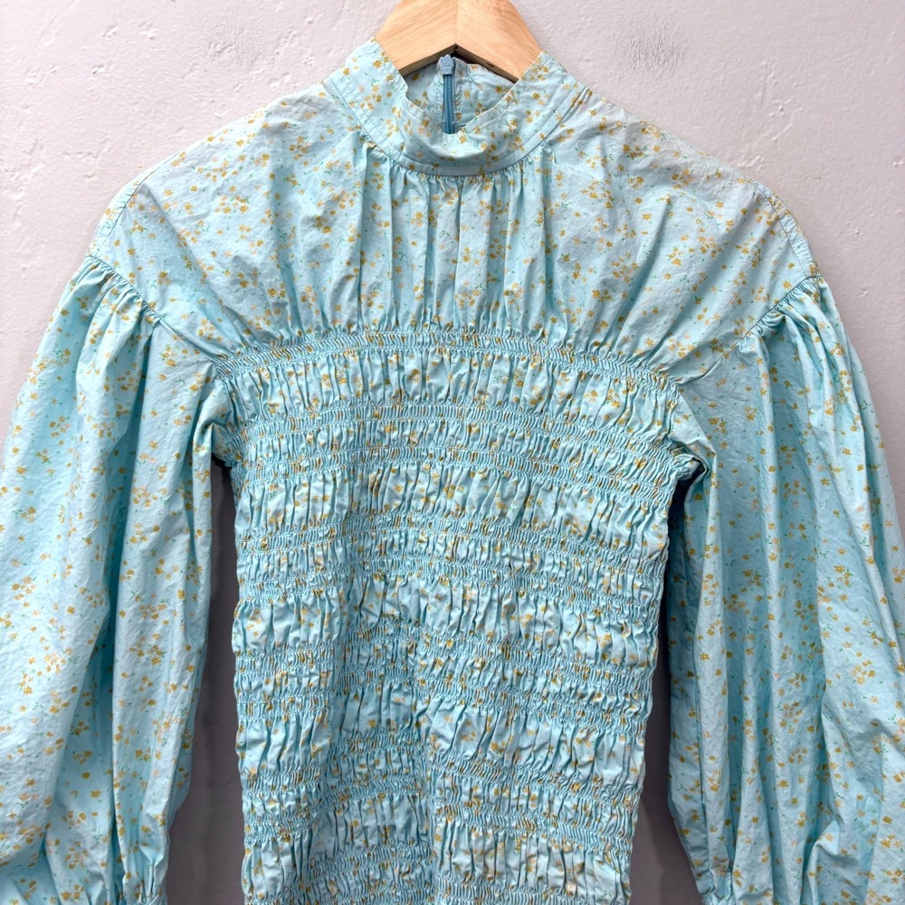Ganni Smocked Floral Top Shirt Size 38 (US 6) Light Blue Long Sleeve Cotton Flaw - Picture 2 of 14